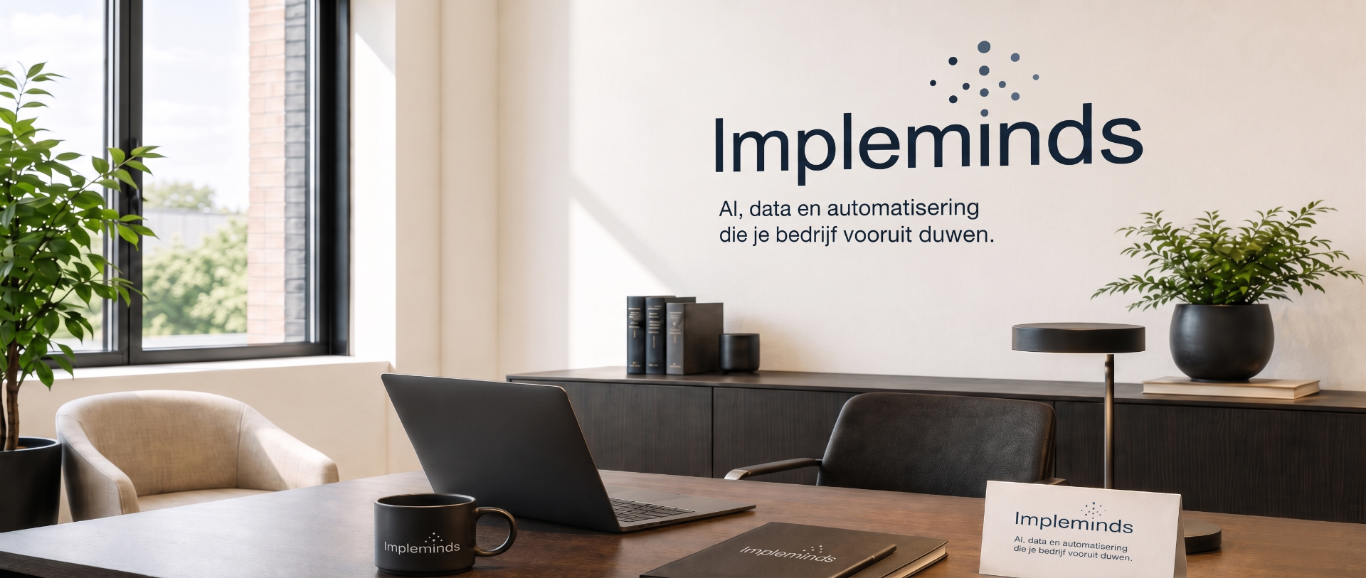 Impleminds kantooromgeving met logo en werkruimte